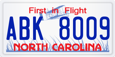 NC license plate ABK8009