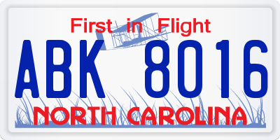 NC license plate ABK8016
