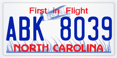 NC license plate ABK8039