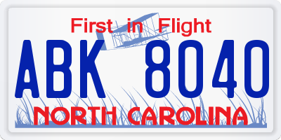 NC license plate ABK8040