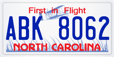 NC license plate ABK8062