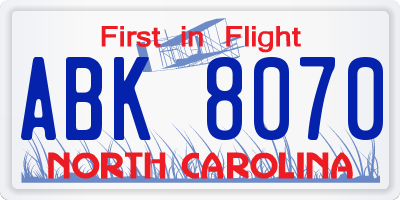 NC license plate ABK8070