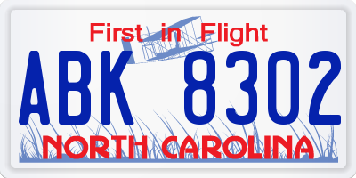 NC license plate ABK8302