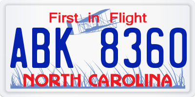 NC license plate ABK8360
