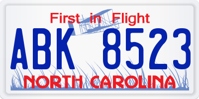 NC license plate ABK8523