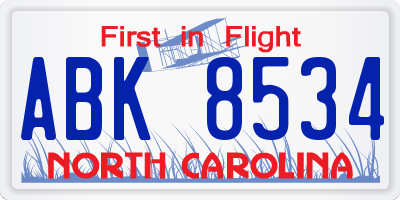 NC license plate ABK8534