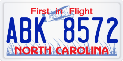 NC license plate ABK8572