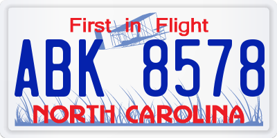 NC license plate ABK8578