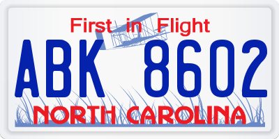 NC license plate ABK8602