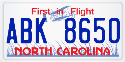 NC license plate ABK8650