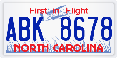 NC license plate ABK8678