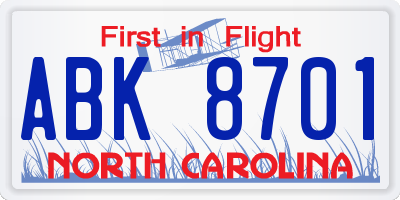 NC license plate ABK8701