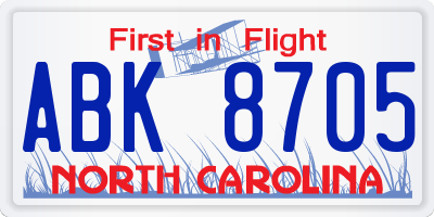 NC license plate ABK8705