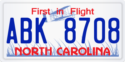 NC license plate ABK8708