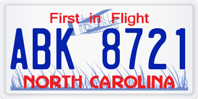 NC license plate ABK8721
