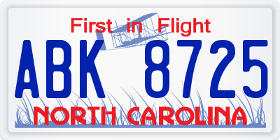 NC license plate ABK8725