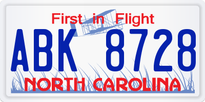 NC license plate ABK8728