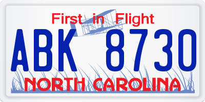 NC license plate ABK8730