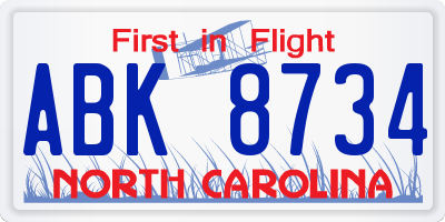 NC license plate ABK8734