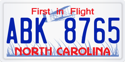 NC license plate ABK8765