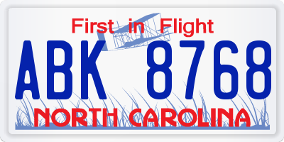 NC license plate ABK8768