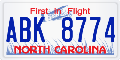 NC license plate ABK8774
