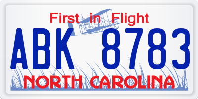 NC license plate ABK8783