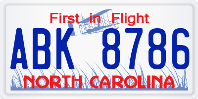 NC license plate ABK8786