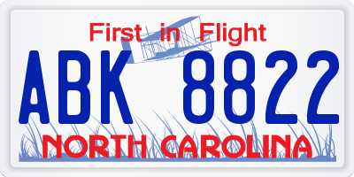 NC license plate ABK8822