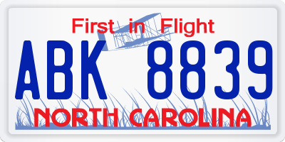 NC license plate ABK8839