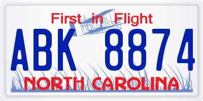 NC license plate ABK8874