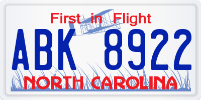 NC license plate ABK8922