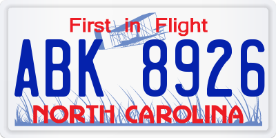 NC license plate ABK8926