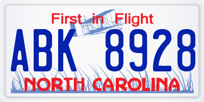 NC license plate ABK8928