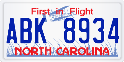 NC license plate ABK8934