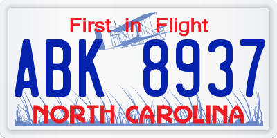 NC license plate ABK8937
