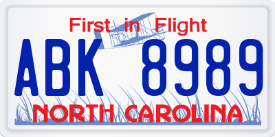 NC license plate ABK8989