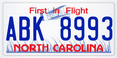 NC license plate ABK8993