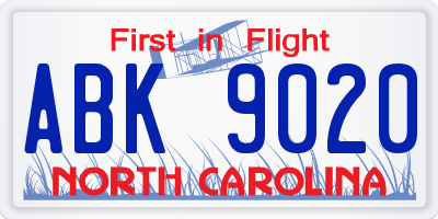 NC license plate ABK9020
