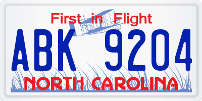 NC license plate ABK9204