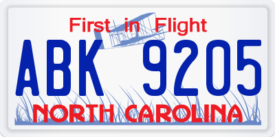 NC license plate ABK9205