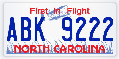 NC license plate ABK9222