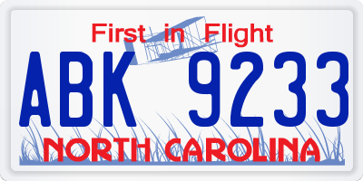 NC license plate ABK9233