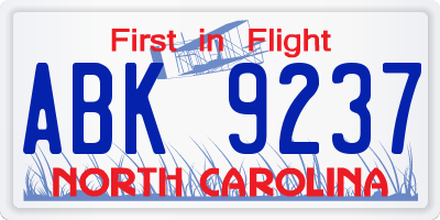 NC license plate ABK9237