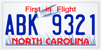 NC license plate ABK9321