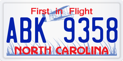 NC license plate ABK9358
