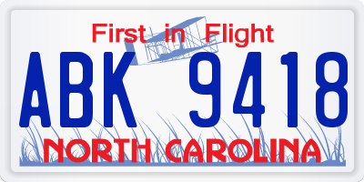 NC license plate ABK9418