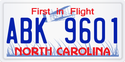 NC license plate ABK9601