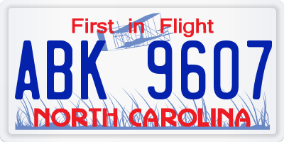 NC license plate ABK9607