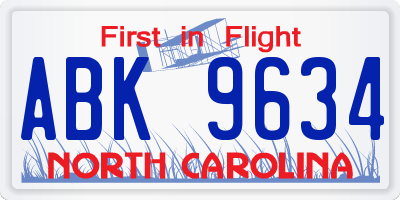NC license plate ABK9634